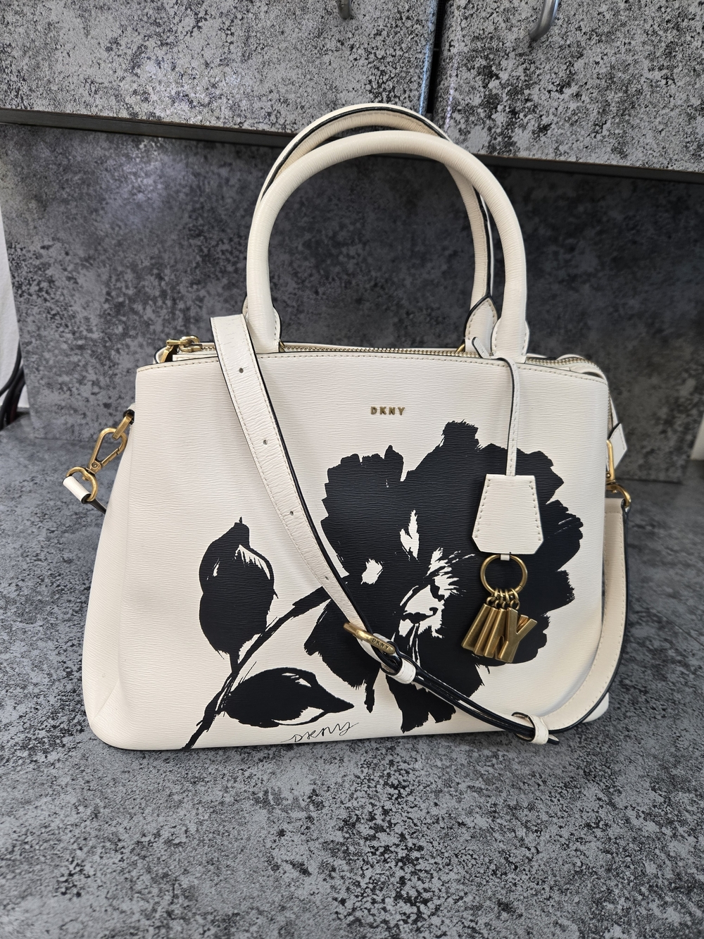 DKNY White Floral-Print Leather Satchel